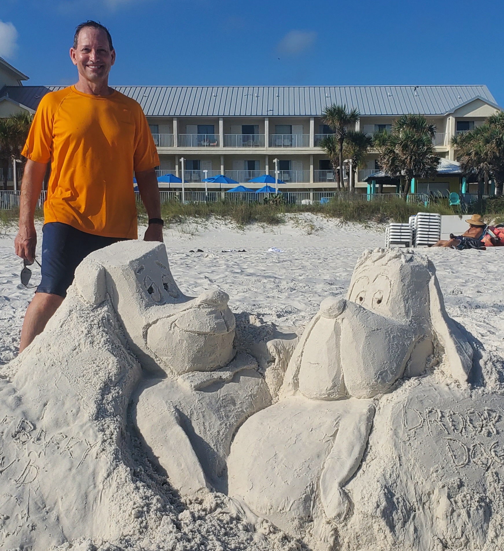 Droopy Dog and Huckleberry Hound Dog sand sculpture and me